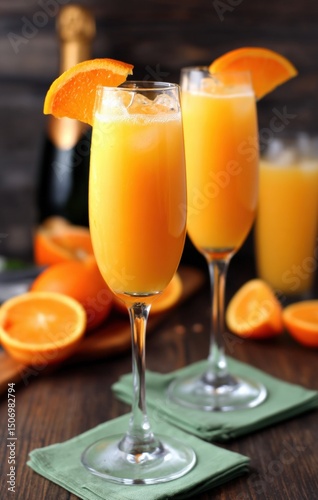 Two glasses of orange mimosa cocktails garnished with orange slices, set on green napkins with fresh oranges and a champagne bottle in the background.