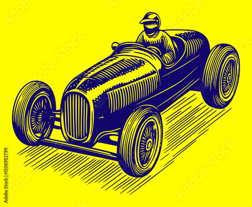 Vintage Racing Car Engraving in Linocut Style with Driver Illustration