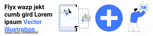 Map with location pin, landmark image, blue cross icon, user uploading video. Ideal for travel, navigation, map design, digital tools, multimedia sharing user interfaces simple landing page