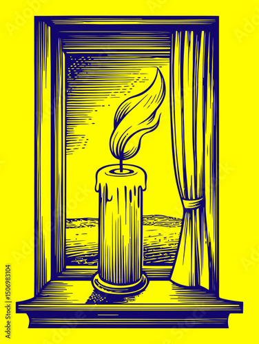 Candle by the Window in Engraving Style with Curtain and Scenic Background