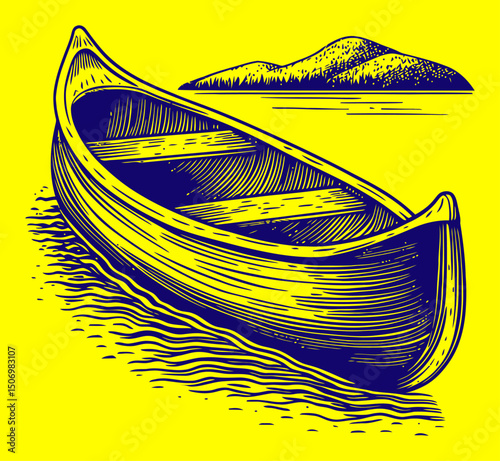 Engraving of a Rowboat with Island Landscape in Black and White Style