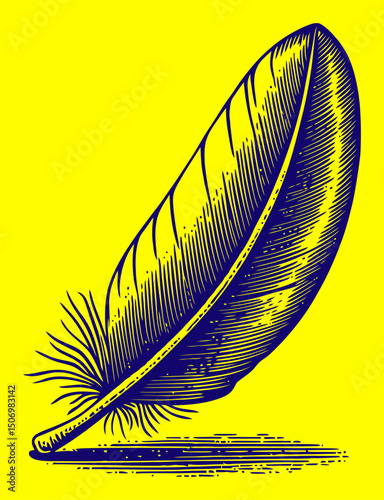 Detailed Engraving of a Single Feather in Black and White Style