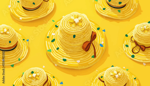 Yellow Straw Hats with Floral Details on Yellow Background