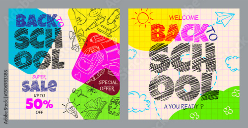 Coupon, flyer, discount booklet and education sale with sketch style elements. Pencil hatched text back to school.