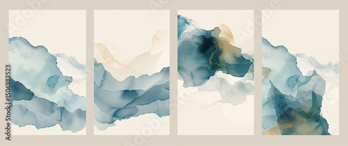 This artwork features four panels, each showcasing flowing shapes in shades of blue and earthy tones. The soft gradients create a tranquil atmosphere