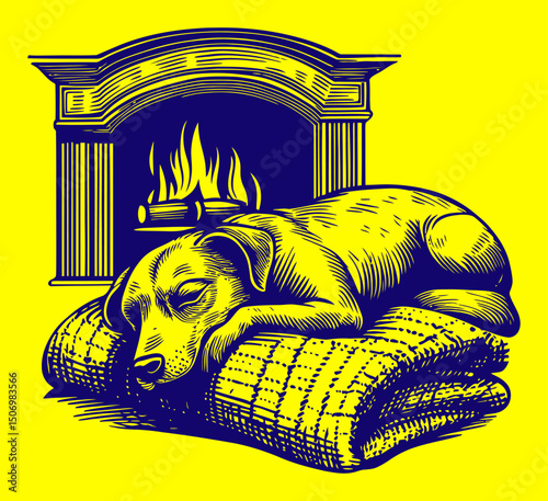 Cozy Dog Sleeping by the Fireplace in Linocut Engraving Style