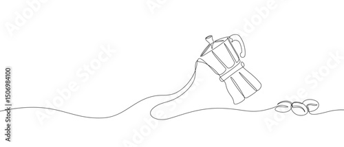 Geyser coffee pot and beans one line drawing. Italian moka pot and coffee seeds print, vintage coffee maker equipment for cafe logo. Vector minimalistic illustration