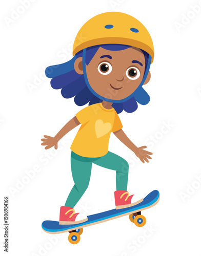 Smiling girl riding skateboard in helmet