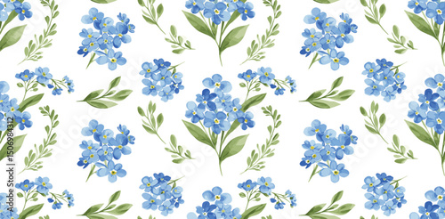 Blue delicate forget-me-not flowers and field grass. Spring botanical watercolor seamless pattern on white background, suitable for eco-branding, packaging, cards, wedding designs, botanical prints