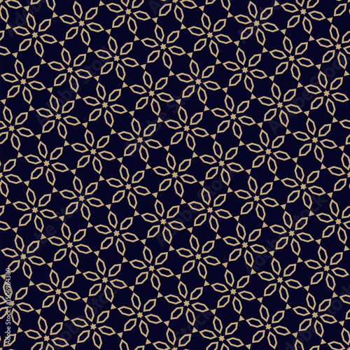 Abstract golden seamless pattern in oriental style. Vector floral geometric ornament. Gold and black texture with small stars, flowers, diamonds, diagonal lattice. Luxury background. Repeating design