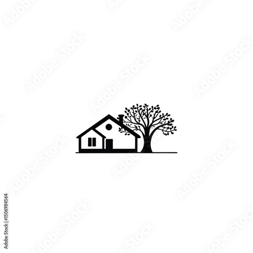 Silhouette of house with tree on white background
