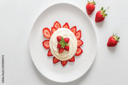white plate with tasty cream and ripe juicy strawberries on a white background. romantic dessert 