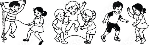 Children Playing Line Art – Happy Kids Outdoor Fun Black and White Illustration