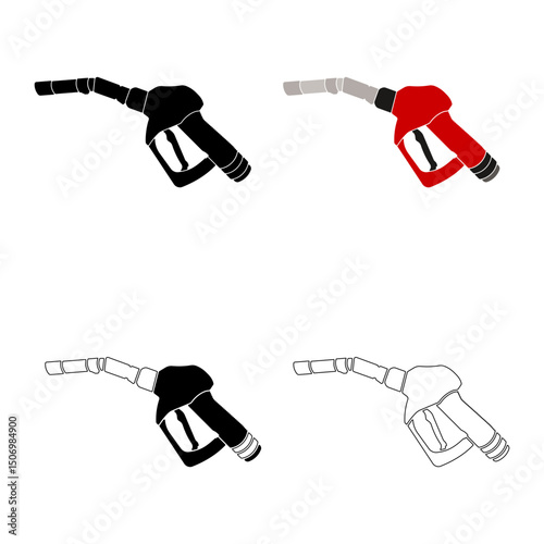 Set of gas nozzle icons without background. Color and black silhouettes of fuel pump handles. Vector collection for gas station, fuel industry, and automotive design.