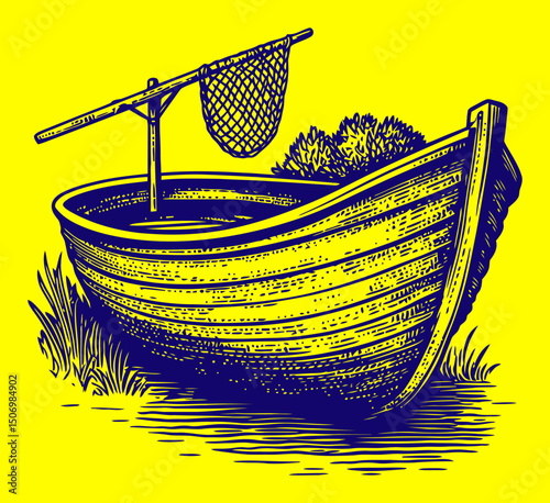 Vintage Engraving of a Rustic Wooden Boat with Fishing Net