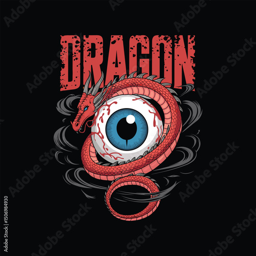 Red Dragon Wrapped Around Eyeball with Smoke – Gothic Fantasy Illustration