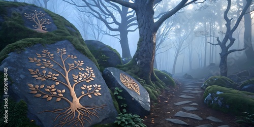 Indigo + Moss + Bronze
Mystical forest stone texture with engraved branches and gleaming bronze accents