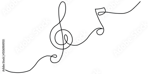 Music Notes Treble Clef Line Art, Continuous Melody Graphic