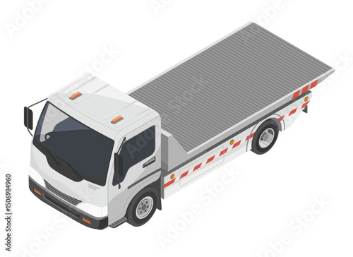 Isometric illustration of a white flatbed tow truck with striped safety markings, isolated on white background for transportation and roadside assistance concepts