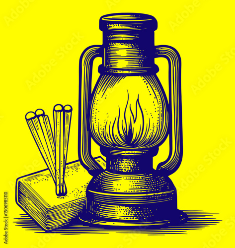 Vintage Oil Lantern Engraving with Matches in Black and White Design