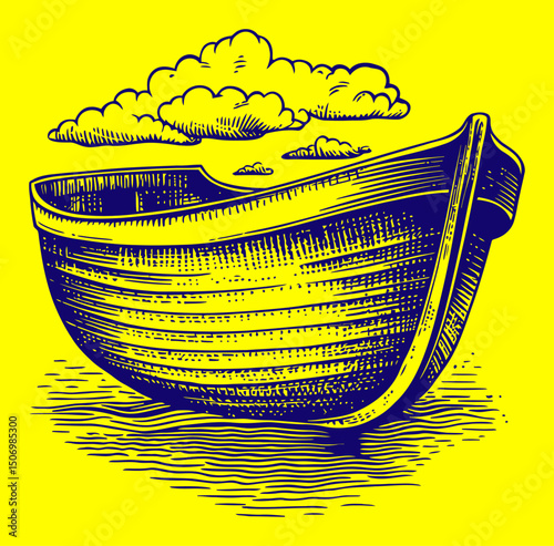 Detailed Engraving of a Boat Surrounded by Clouds on Water
