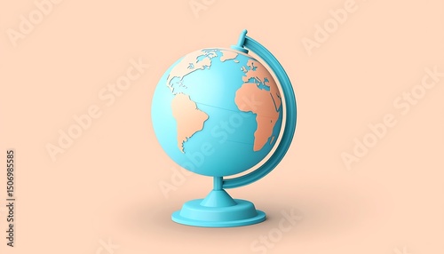 Simple light blue globe icon with clean lines on a soft peach backdrop, high-definition details