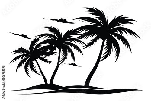 Black Silhouette of Palm Trees on a Tropical Beach with Clouds Above
