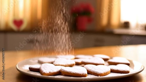 Sweet Heartfelt Moments: Dusting Sugar on Freshly Baked Heart Shaped Cookies