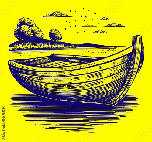Vintage Engraving of a Wooden Boat on Tranquil Water Landscape