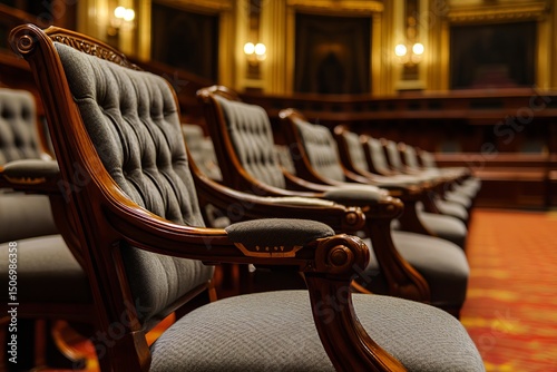 Ornate vintage chairs in classic courtroom with red carpet and wooden interior