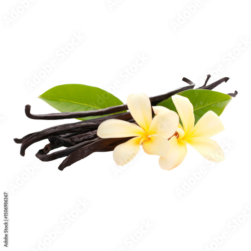 Dried vanilla sticks and vanilla orchid on white