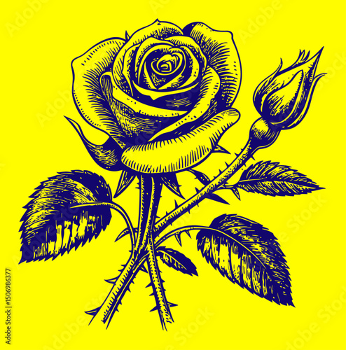 Classic Engraving of a Rose with Bud and Leaves in Black and White