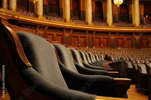 Ornate vintage chairs in classic courtroom with red carpet and wooden interior