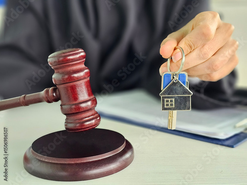 Judges wooden gavel and house keys. Selling real estate auction concept. Court decision and problem with selling real estate
