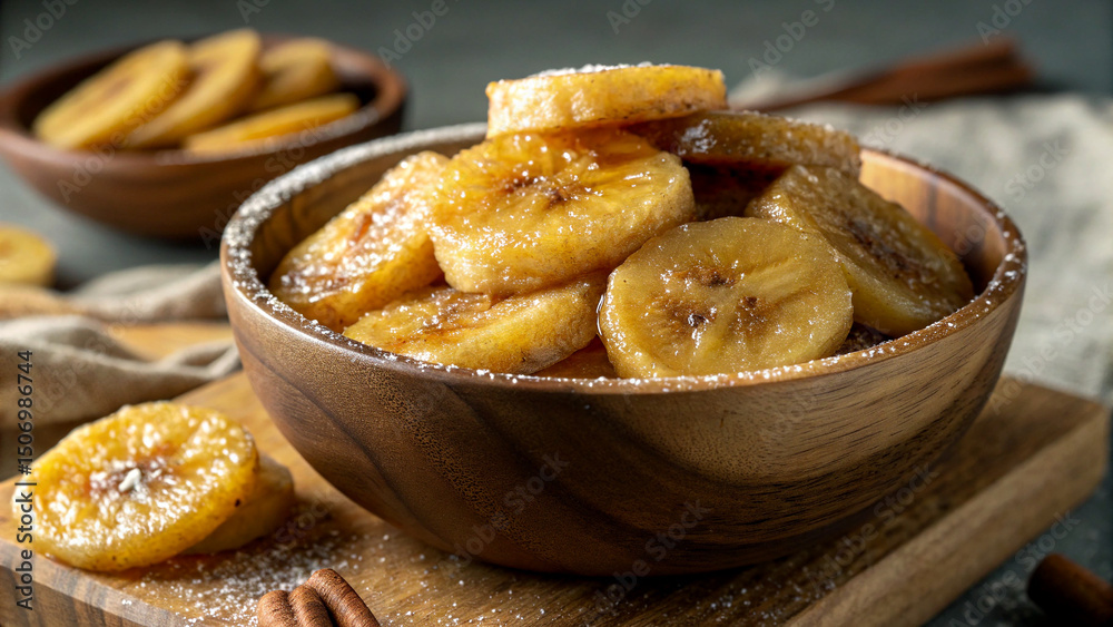 Sweet and Golden Banana Chips with Sugar in a Wooden Bowl Sweet and Golden Banana Chips with Sugar in a Wooden Bowl