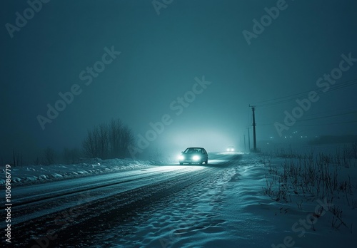 An enigmatic automobile parked on a desolate snowy path.