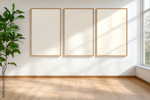 Three white paintings on the wall. Generative AI