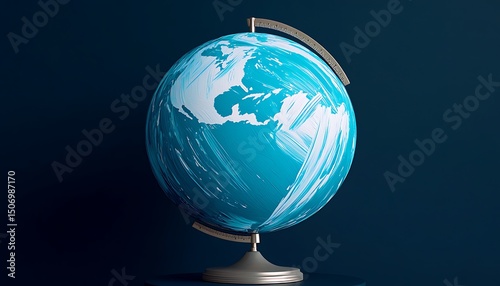 Simple linear globe with light blue strokes, minimalist design on a dark blue backdrop, HD camera quality