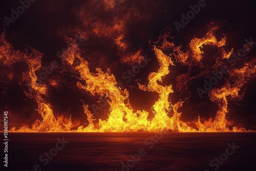 An inferno illuminates the surroundings with its fiery glow.