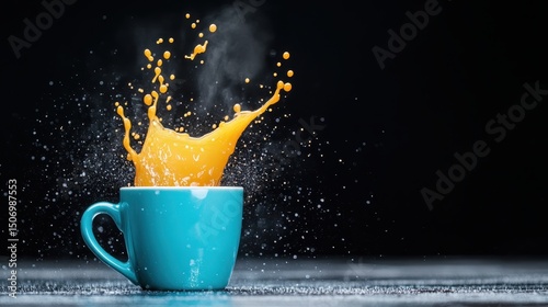 This dynamic photo captures the exhilarating splash of orange juice from a mug, masterfully freezing a moment of chaos that represents energy, vibrancy, and excitement in life.