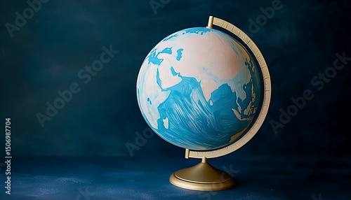 Simple linear globe with light blue strokes, minimalist design on a dark blue backdrop, HD camera quality