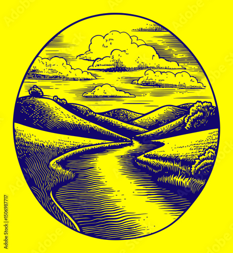 Serene Landscape Engraving with River and Rolling Hills in Black and White