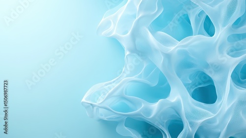 This ethereal image features a delicate white mesh texture that flows and intertwines against a soft blue background, creating a serene and calming visual experience.