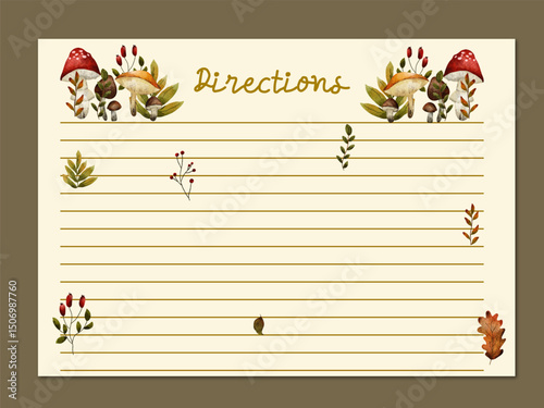 Printable Rustic Botanical Recipe Card Template with Watercolor Mushrooms and Berries. Perfect for recipe binders, cookbook projects, or kitchen stationery, this design adds a touch of nature and warm
