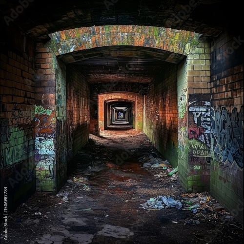 An eerie tunnel showcasing urban decay and litter.