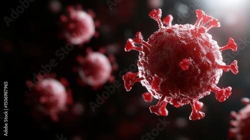 An intricate microscopic view of a virus is captured in brilliant red hues, illustrating the complexity and potential dangers of viral infections in a stylized manner.