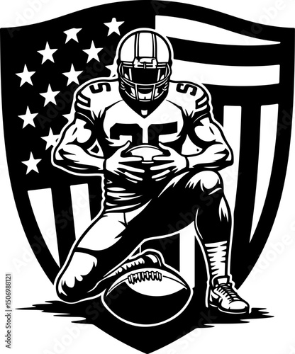 American Football Player with Flag Shield Background vector photo