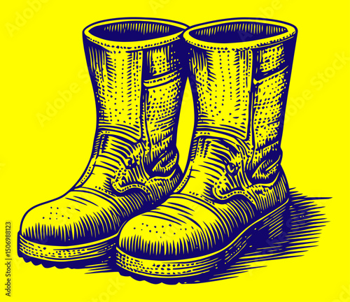 Detailed Engraving of Classic Work Boots in Linocut Style Art