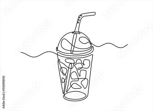 Sweet fresh drink in plastic cup with straw in One continuous line drawing. Smoothie in transparent mug in lineart style. Editable stroke. Modern vector illustration