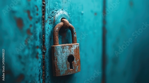 A close-up image of a rusty padlock on a blue door, symbolizing security and confinement, capturing a sense of mystery and forgotten stories in urban settings. photo